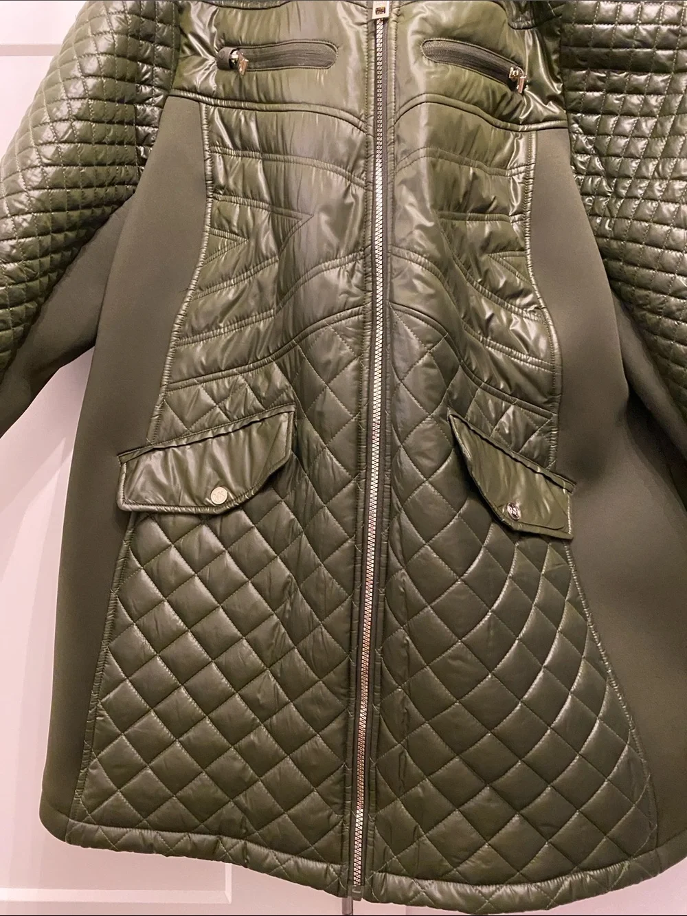 NWT Michael Kors Mixed Media Hooded Quilted Jacket Olive Green Plus Size 3X